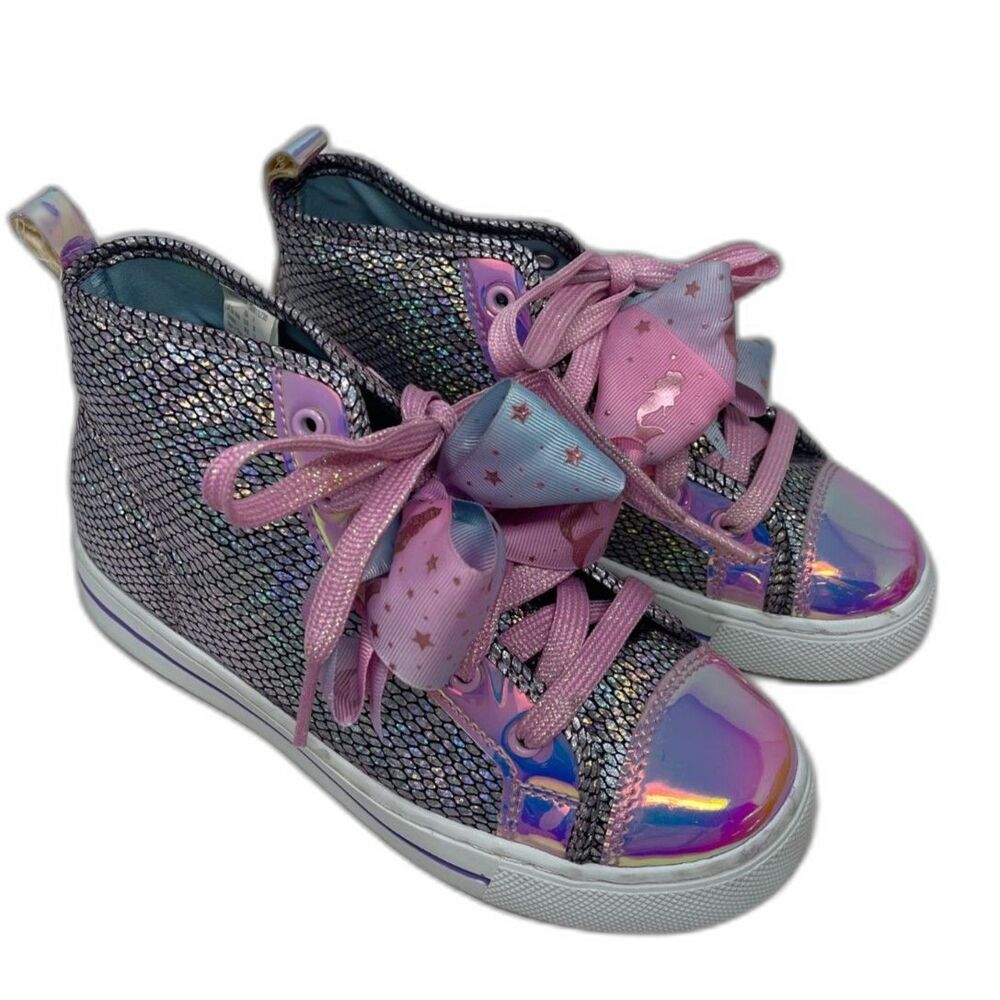 Justice Girl's Bow Silver & Pink Shimmer Glitter Sneakers Shoes Lace Up Size 4